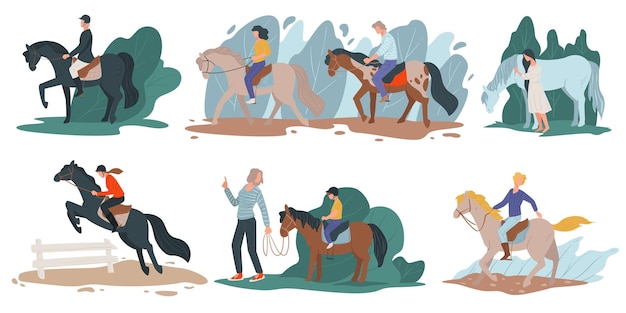 Vector horse riding and jockey hobby people with stallions