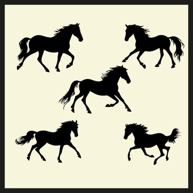 Vector horse stallion galop running silhouette vector illustration set