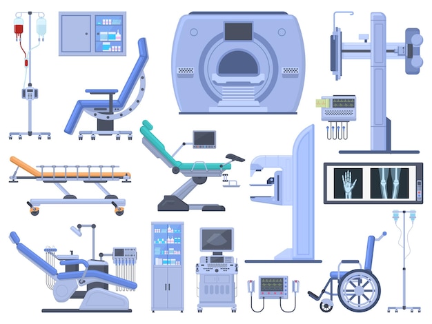 Vector hospital medical diagnostic healthcare equipment tools. dentist chair, wheelchair, blood transfusion, cardiograph, ultrasound, x-ray machine vector symbols set. modern technology for medicine