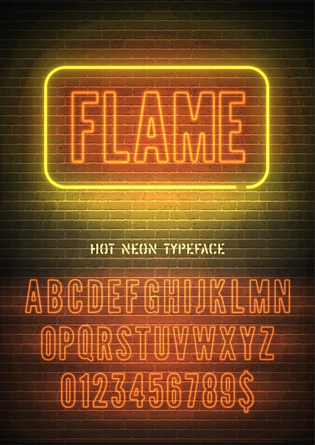 Hot sign with orange neon alphabet on brick wall background Vector illustration