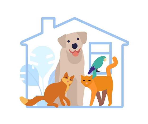 Vector hotel for domestic animals pet shelter vet service home with dog or cats parrot bird help to puppy care of kittens veterinary center building house kitty adoption vector concept