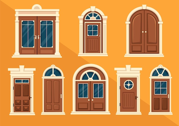 House Architecture with Set of Doors and Windows Various Shapes and Sizes in Hand Drawn Illustration