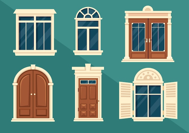 House Architecture with Set of Doors and Windows Various Shapes and Sizes in Hand Drawn Illustration