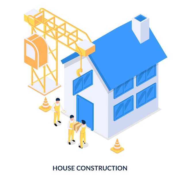 Vector house construction. workers building a new house. isometric vector illustration on white background