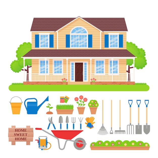 House exterior, garden tools set.  illustration.