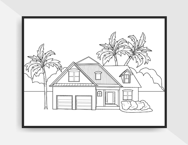 House landscape sketch line art for coloring page or poster