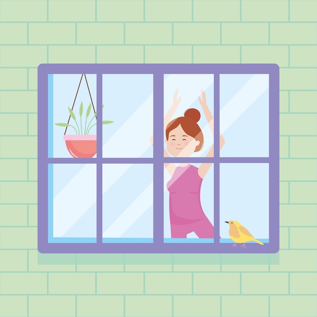 house window scene showing a girl doing yoga