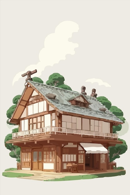 a house with a bird on the roof and a tree in the background