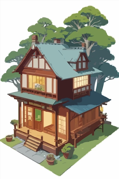 a house with a tree on the top and a blue roof