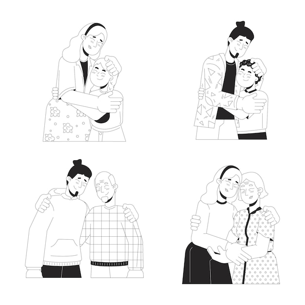 Hug family black and white 2D line cartoon characters set