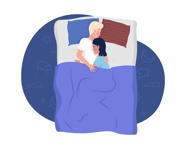 Hugging man and woman sleeping in bed 2D vector isolated illustration