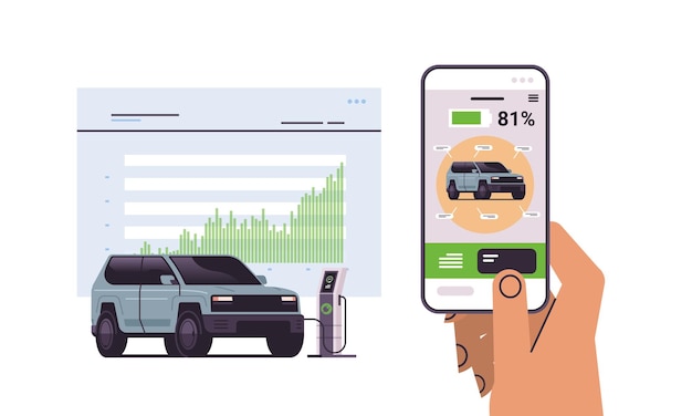 Vector human hand charging electric suv in mobile app battery vehicle at recharging power station charger ev management zero emission transport horizontal vector illustration