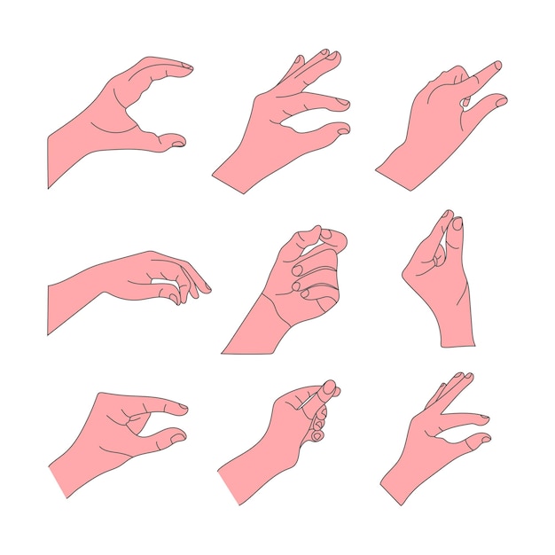 Vector human hand gestures set, minimal line art illustrations, ok, thumb up and pointing finger