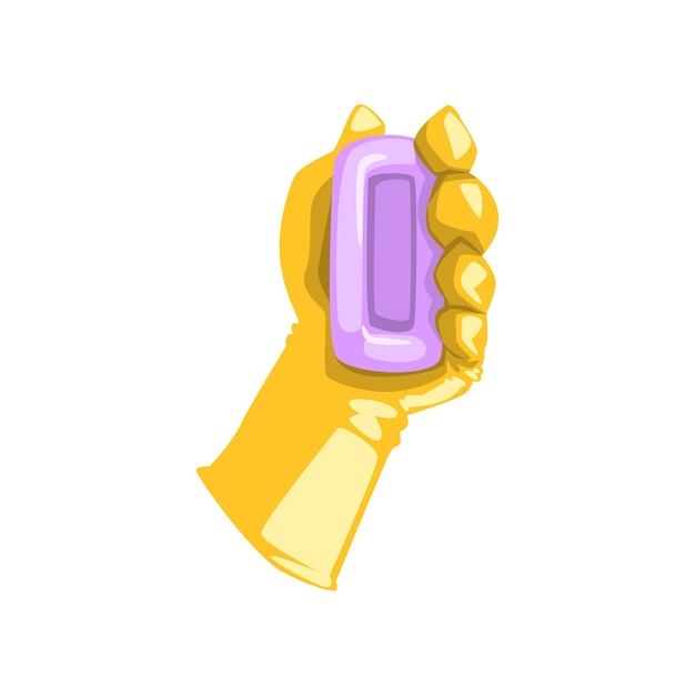 Human hand in yellow protective glove holding purple soap Element for advertising poster or banner of cleaning service Household theme Flat vector icon