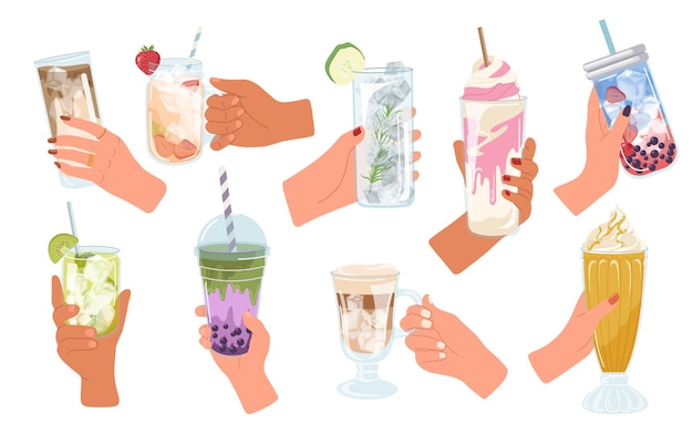 Vector human hands holding cold drinks refreshing liquors in glass and plastic cups with straw set