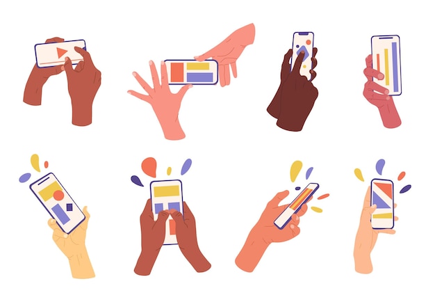 Vector human hands holding smartphone fingers touching screen vector symbols set