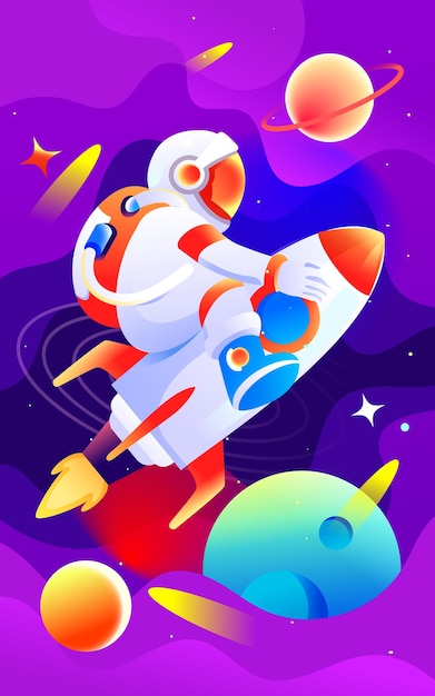 Human moon day, astronaut landing on the moon, cosmic starry sky, vector illustration