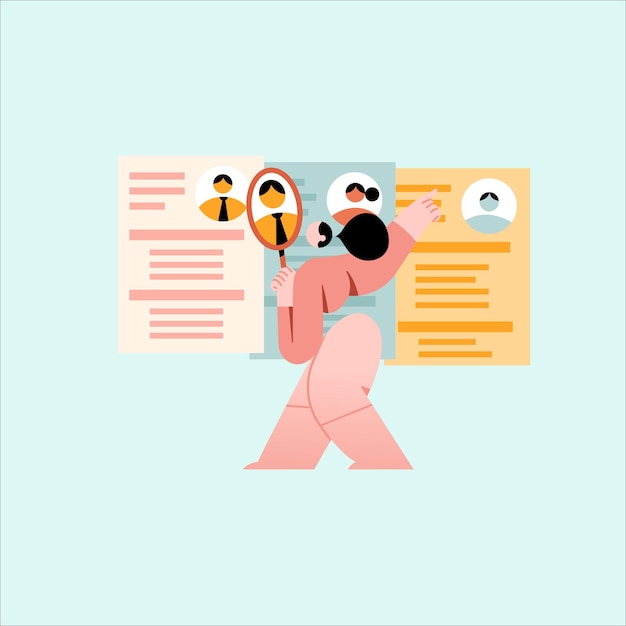 Vector human resources concept vector flat cartoon illustration man with magnifying glass and resume