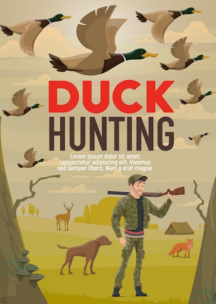Vector hunter hunting duck with gun or rifle and dog