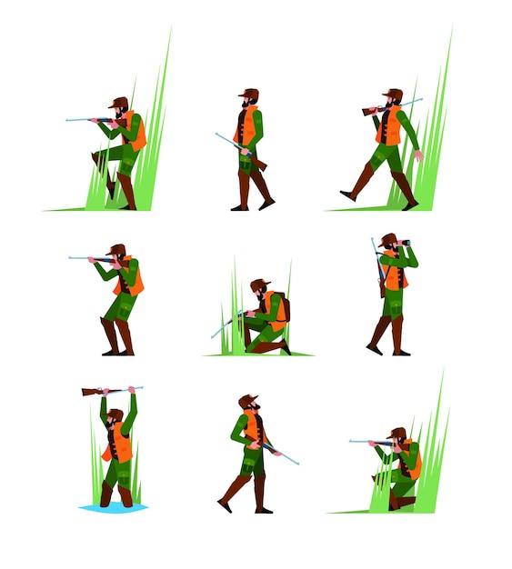 Hunter with rifle Shotgun man hunting standing in action poses holding weapons and armor garish vector flat concept illustrations isolated