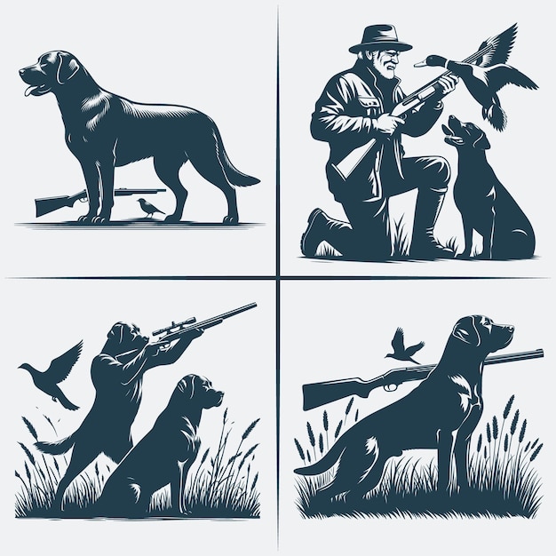 Vector hunting dog svg vector silhouette bundle file black and white hunting dog silhouette file