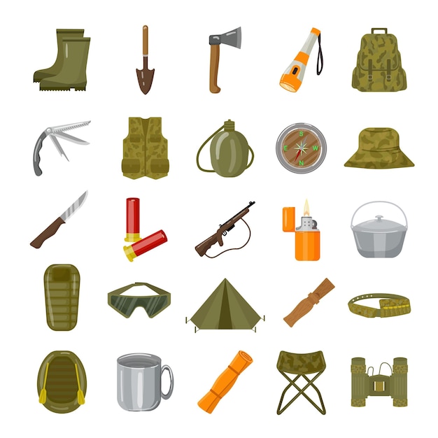 Hunting equipment icons set cartoon vector Fishing camping