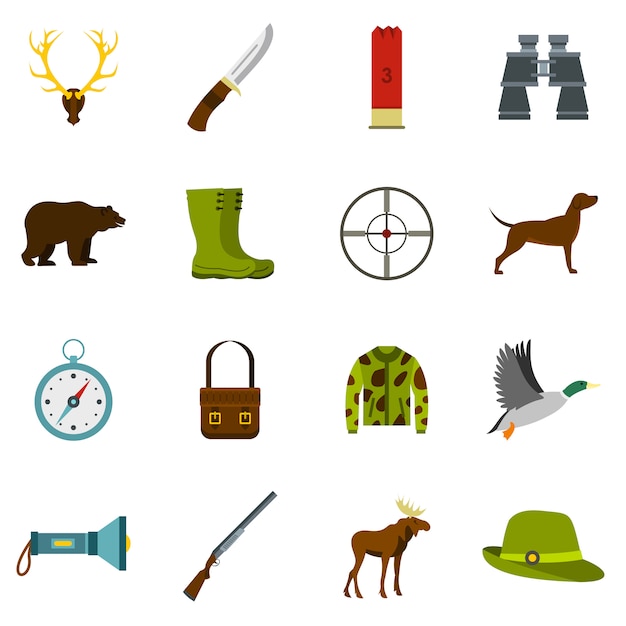 Hunting icons set in flat style