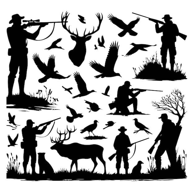 Vector hunting man silhouette illustration set vector