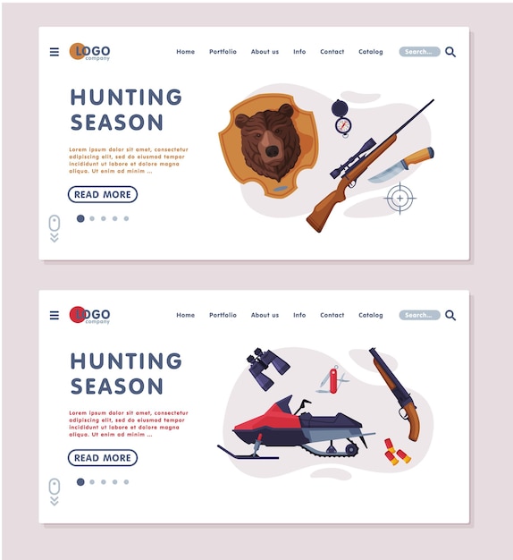 Vector hunting season landing page templates set hunter tackles and equipment website interface flat vector illustration