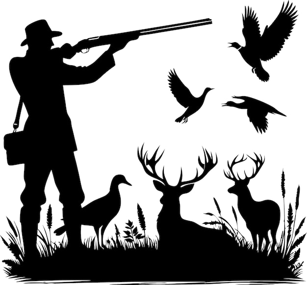 Vector hunting silhouette black and white vector illustration on isolated white background