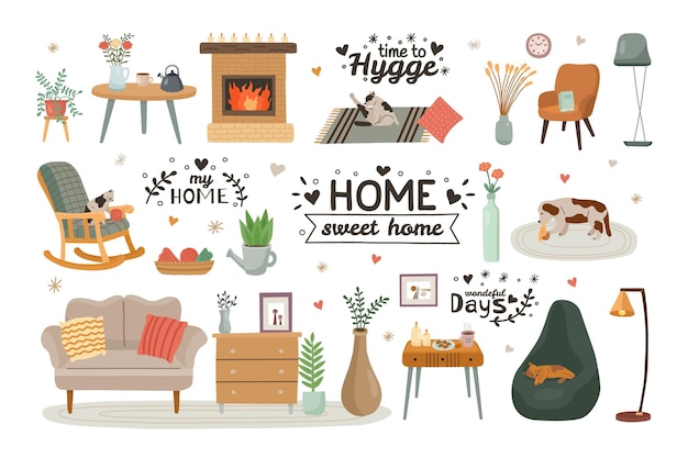 Hygge furniture Cozy apartments Sweet home elements set Pets on carpet Plants and flowers Comfy couch Bookshelf and fireplace Armchair with pillows Vector cartoon background