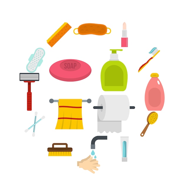 Hygiene tools icons set in flat style