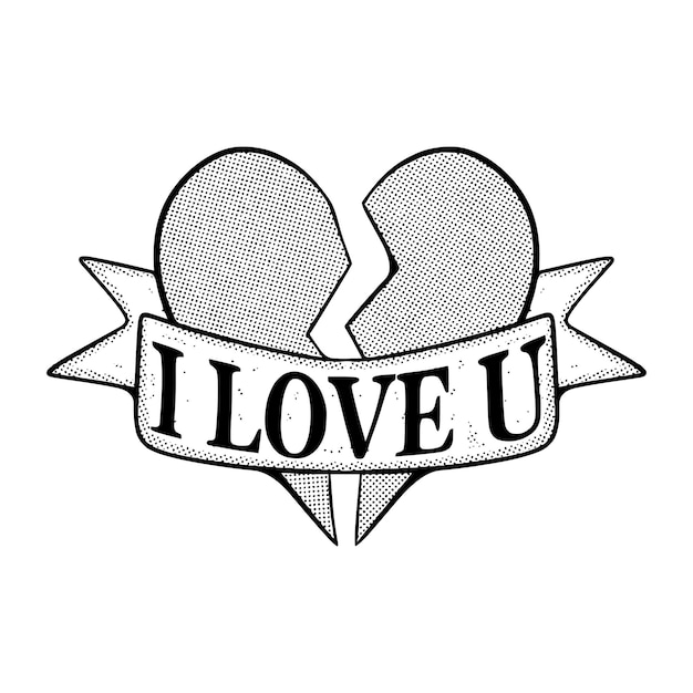 I love u with broken heart Illustration hand drawn cartoon sketch lineart vintage style vector