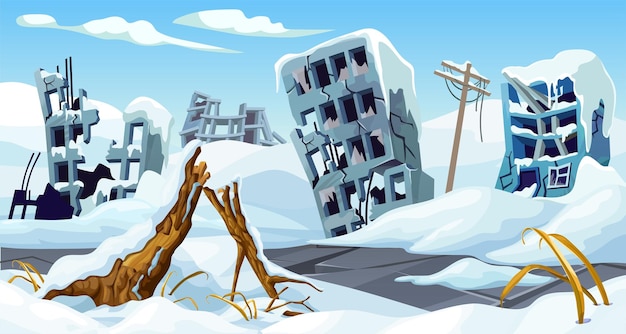 Ice age Cartoon game house with mountains of snow Frozen destroyed building after storm