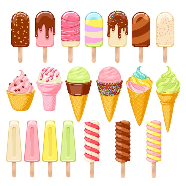 Ice cream set. Colorful ice-cream cones and popsicles.