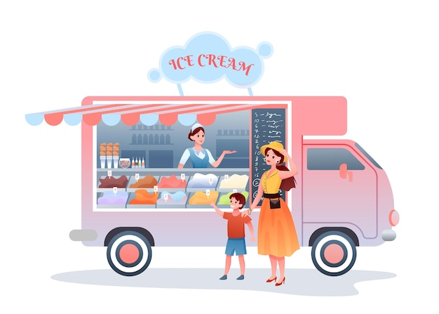 Ice cream street market food truck. Cartoon mother character buying child son ice cream, woman seller vendor selling cold dessert sweet snack in kiosk marketplace