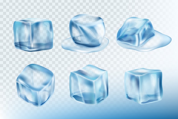 Vector ice cubes realistic. puddles smudges and splashes of freeze water  pictures collection