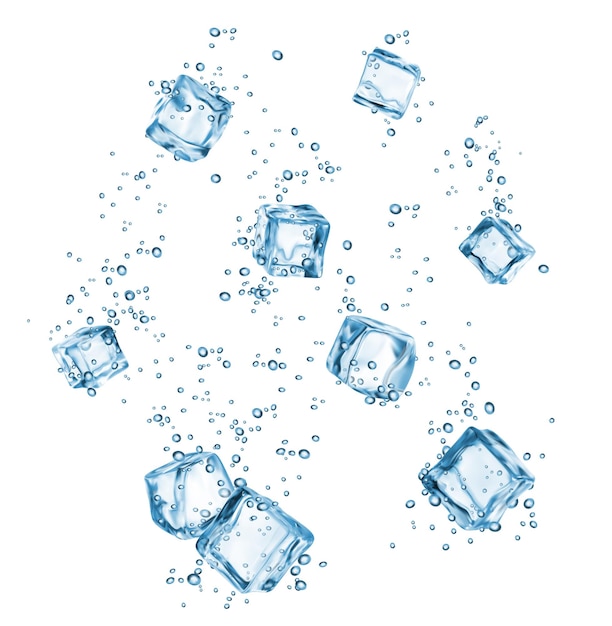 Vector ice cubes with water drops or air bubbles in splash for soda drink or mineral water realistic vector ice cubes falling or flowing in water with fizzy sparkling air bubbles or droplets in pour motion