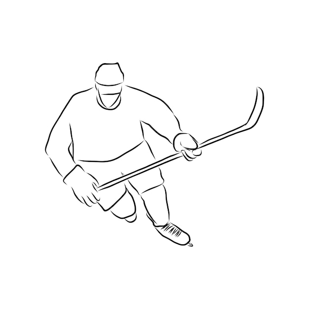 Ice hockey player skating with puck, vector silhouette. Front view