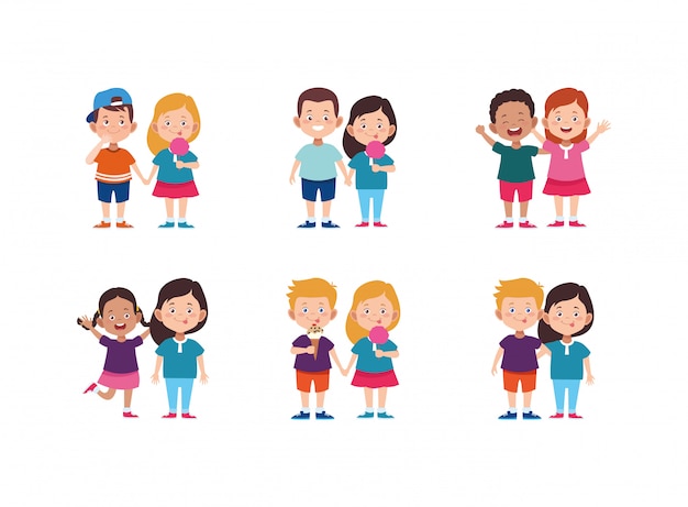 Icon set of cartoon happy kids couples