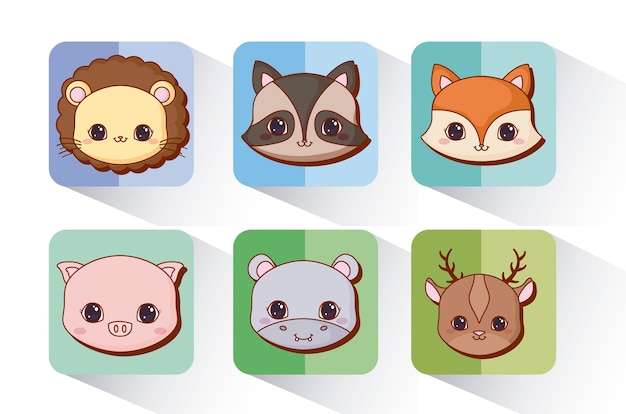 Vector icon set of kawaii animals 