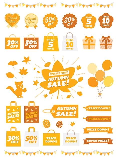 Icon set of seal and tag of the autumn sale