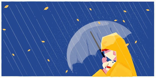 Vector illustration beautiful girl wearing medical or hygienic mask in the rain with her dog, in rain coat under umbrella