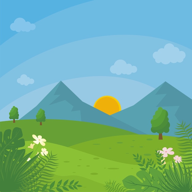  illustration of a beautiful Rural landscape with flat cartoon style