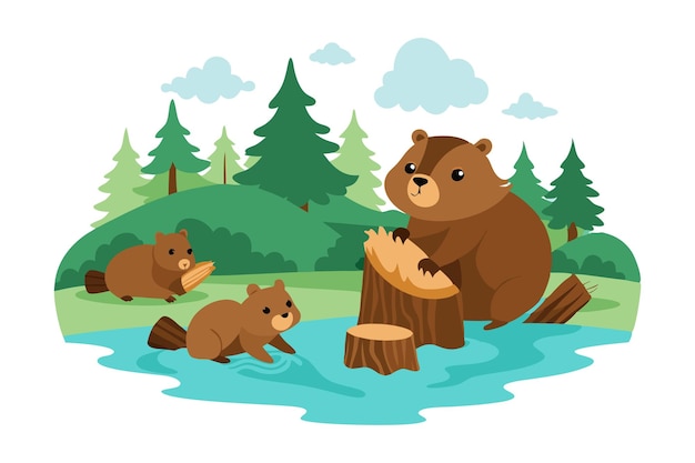 Vector illustration of beaver family by a pond in a forest chopping wood and building a dam