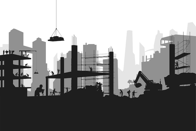 Illustration of big construction with a lot of professional builders in silhouette style