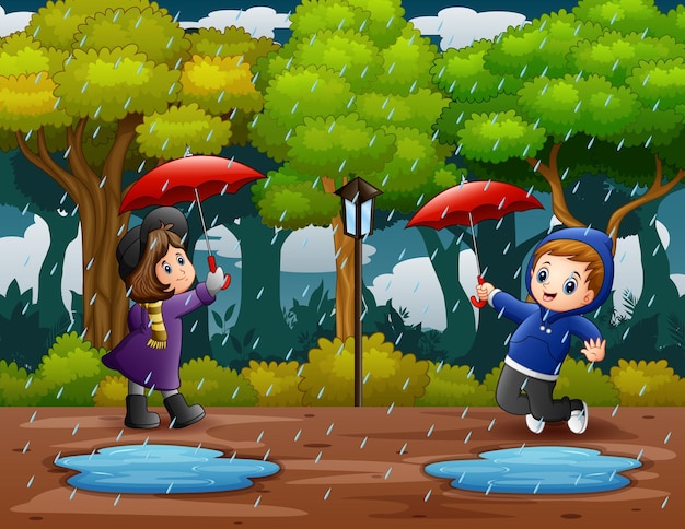 Illustration of a boy and girl under umbrella in rain