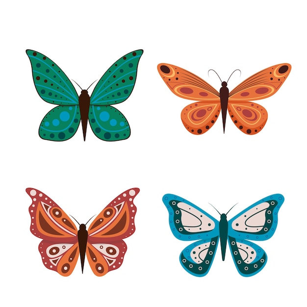 illustration of cartoon butterflies isolated on white background. Abstract butterflies, colorful flying insect.