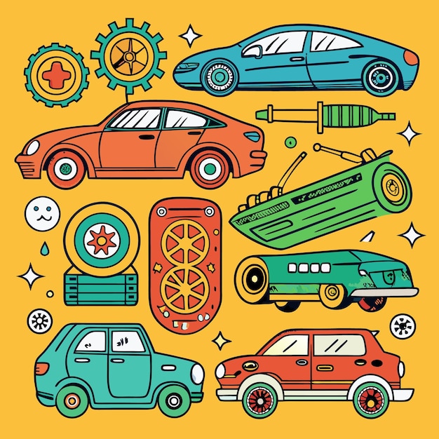 Vector an illustration of cartoon cars in different colors and styles on a yellow background