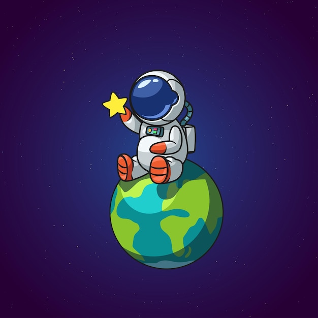 Illustration of cartoon style sitting astronaut on planet and reaching star